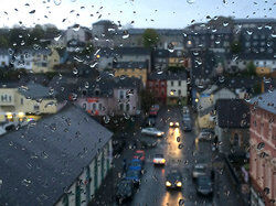 raindrops on window and roofs