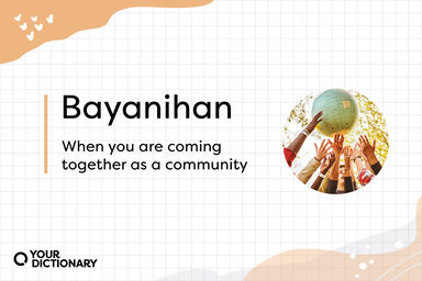 Hands Reaching for Globe With Filipino Word Bayanihan